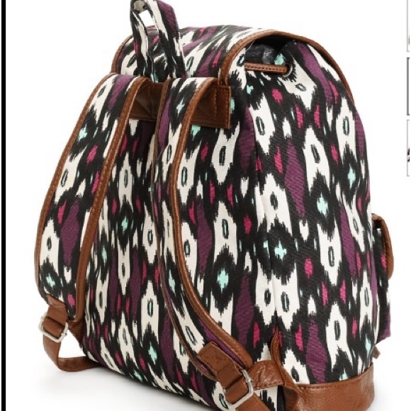 Canvas Backpack Brown Magenta Mint Ikat Unisex New - Picture 6 of 8